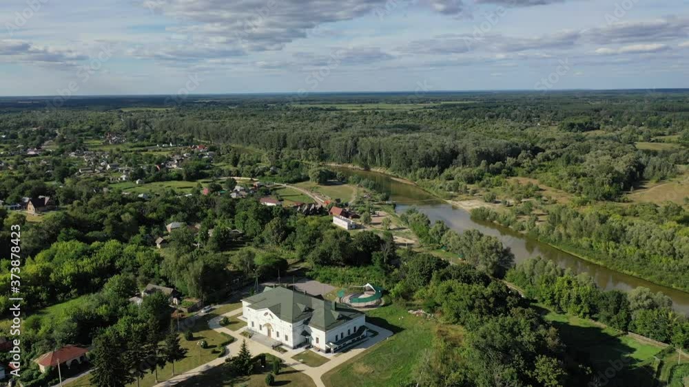 Aerial view of Baturyn castle with the Seim river in Chernigov region of Ukraine, Europe. Ancient wooden fortress. Wooden castle Aerial view of Baturyn castle with the Seim river in Chernigov region of Ukraine, Europe. Ancient wooden fortress. Wooden castle