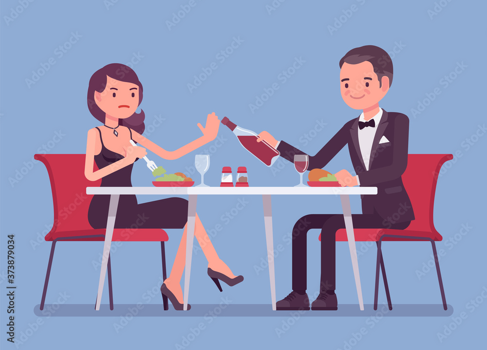 Alcohol refusal in pressure to drink. Man and woman enjoy date in  restaurant, cafe dinner, offer and no thanks, enough reply, person choosing  healthy lifestyle. Vector flat style cartoon illustration Stock Vector |