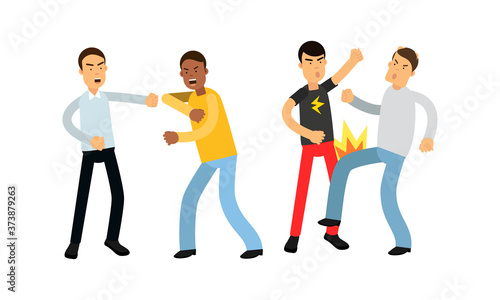 Warring Males Fighting and Yelling at Each Other Vector Illustration Set