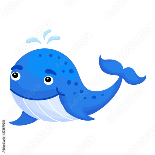 Cute funny whale print on white background. Ocean cartoon animal character for design of album, scrapbook, greeting card, invitation, wall decor. Flat colorful vector stock illustration.