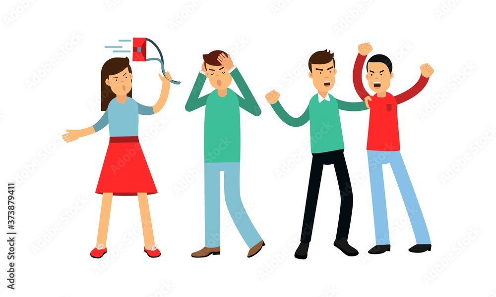 Warring Male and Female Fighting and Yelling at Each Other Vector Illustration Set Warring Male and Female Fighting and Yelling at Each Other Vector Illustration Set