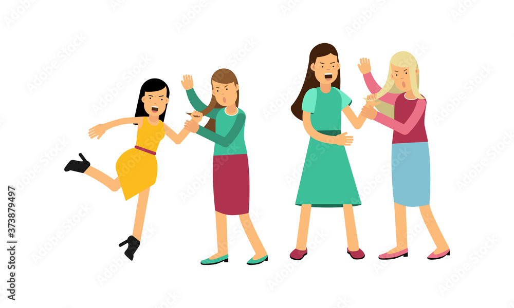 Warring Females Fighting and Yelling at Each Other Vector Illustration Set Warring Females Fighting and Yelling at Each Other Vector Illustration Set