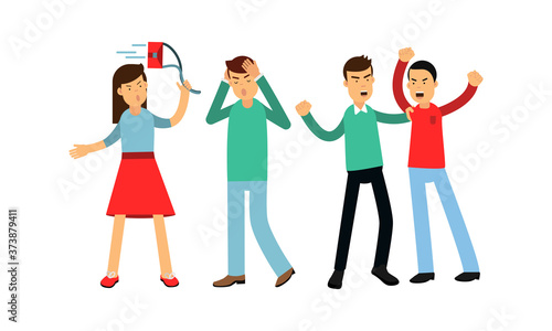 Warring Male and Female Fighting and Yelling at Each Other Vector Illustration Set