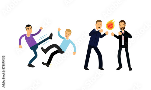 Warring Males Fighting and Yelling at Each Other Vector Illustration Set