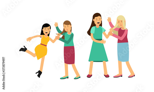 Warring Females Fighting and Yelling at Each Other Vector Illustration Set