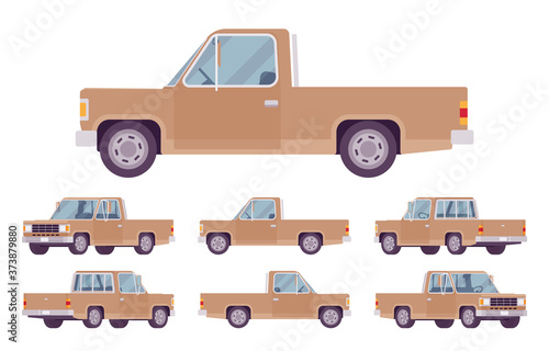 Pickup truck brown set with cab and open cargo area. Large passenger van car, commercial vehicle for country travel or city delivery business. Vector flat style cartoon illustration, different views