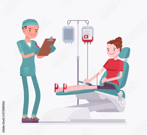 Blood donation for medical bank, female donor or patient transfusion. Male doctor and young healthy happy volunteer donator on appointment in clinic laboratory. Vector flat style cartoon illustration