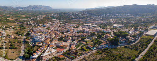 Aerial view of Orba village in Alicante, Spain. Segaria mountain and Mediterranean Sea is in the background.
