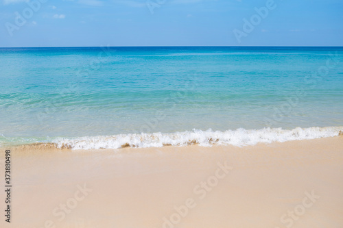 Beautiful clean beach with clear blue sky on tropical island in South of Thailand, summer outdoor day light, holiday and vacation destination to Asia