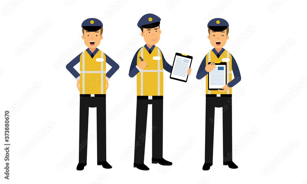 Traffic Policeman Wearing Yellow Vest Writing out Fines Vector Illustration Set