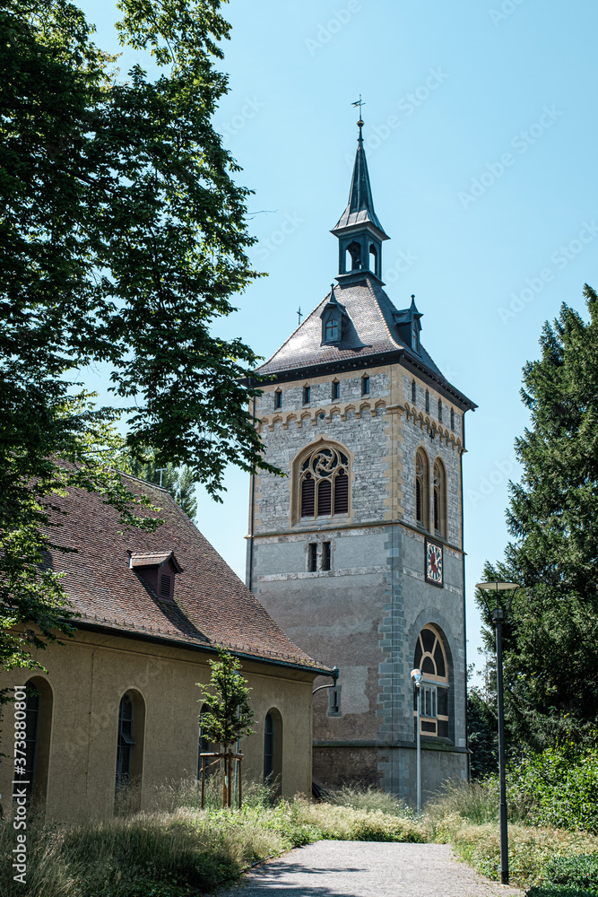 View of Saint Martin Church in small city Arbon in Canton Thurgau, Switzerland. Travel destination on Bodensee in Europe. Sunny august day.