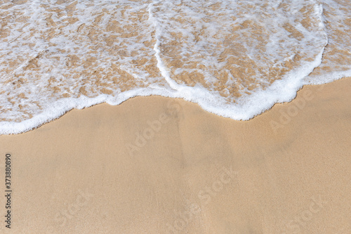 White wave on a fine sand beach, nature background, summer outdoor daylight