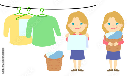 洗濯物を干す女性（白人女性）／Woman drying laundry (white woman)
