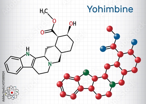 Yohimbine, yohimbe , quebrachine molecule. It is aphrodisiac, plant alkaloid. Structural chemical formula and molecule model. Sheet of paper in a cage. Vector illustration