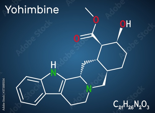 Yohimbine, yohimbe , quebrachine molecule. It is aphrodisiac, plant alkaloid. Structural chemical formula on the dark blue background. Vector illustration