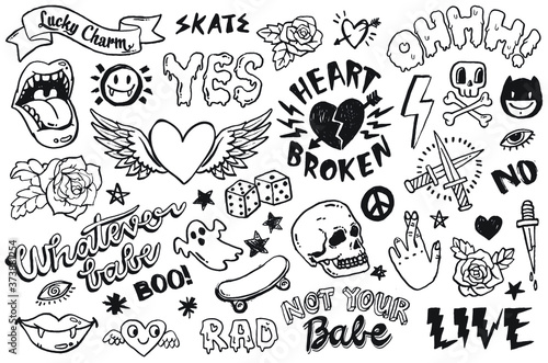 A set of teen culture graffiti doodles suitable for decoration, badges, stickers or embroidery. Vector illustrations.