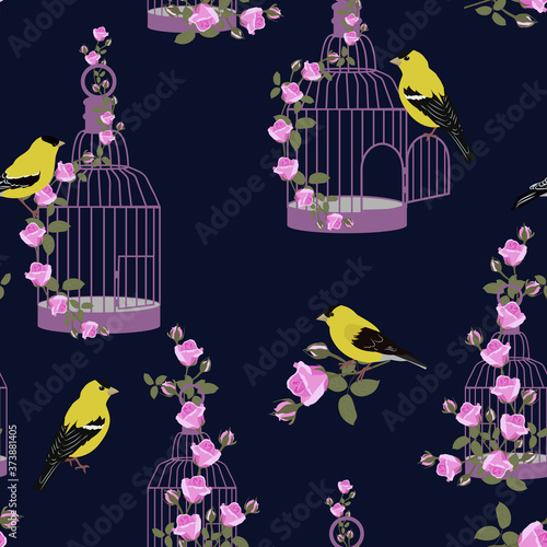 Seamless vector illustration with birds, cages and roses