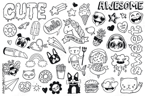A set of teen culture graffiti doodles suitable for decoration  badges  stickers or embroidery. Vector illustrations.