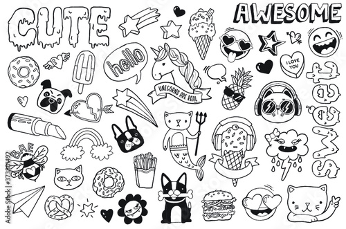 A set of teen culture graffiti doodles suitable for decoration, badges, stickers or embroidery. Vector illustrations.