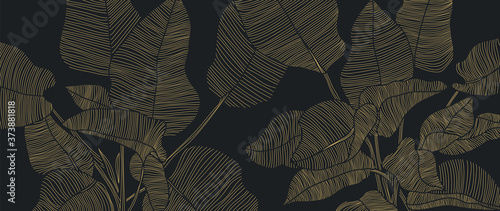 Golden leaf botanical modern art deco wallpaper background vector. Line arts background design for interior design, vector arts, fashion textile patterns, textures, posters, wrappers, gifts etc.