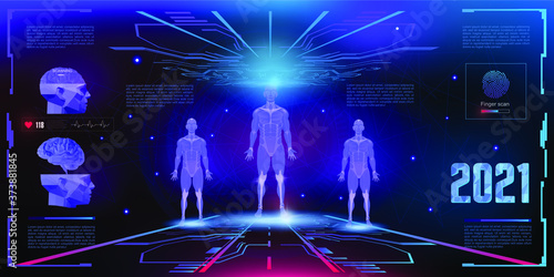 Holographic 3D human projection in 3D space of the HUD user interface. Modern concept banner. Human biometric parameters with virtual medical interface elements set. DNA and bioscanner