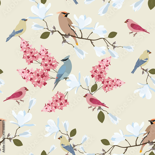 Seamless vector illustration with blooming lilac, magnolia and birds .