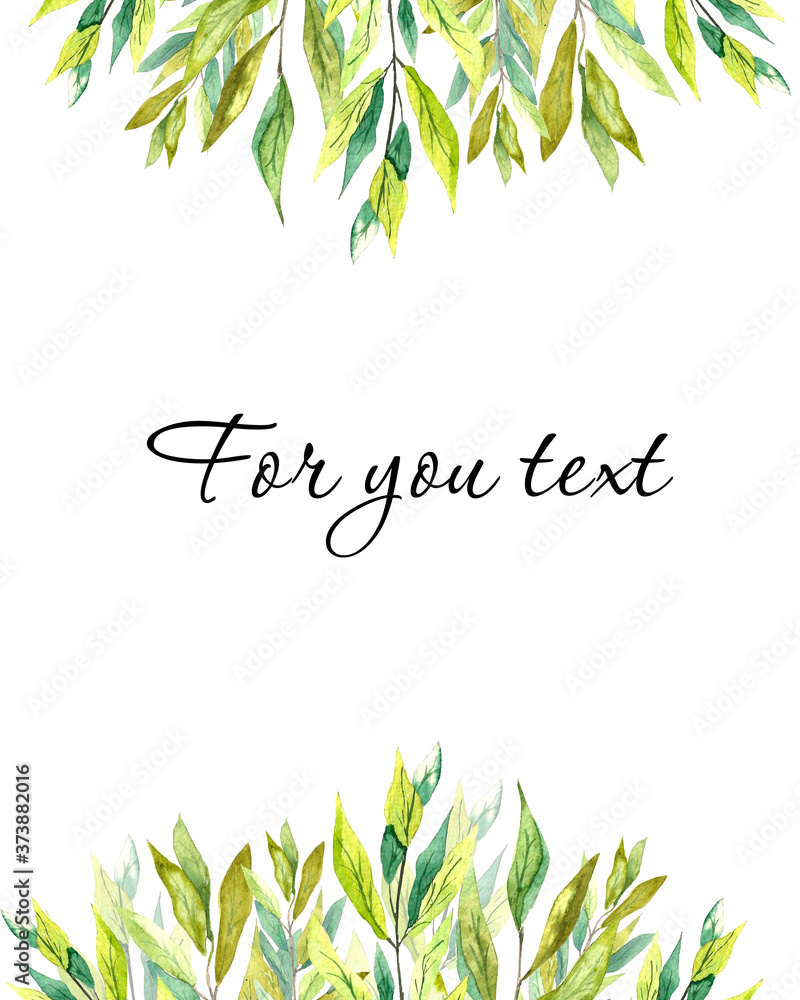 Watercolor illustration. Template for a frame made of green laurel leaves. Border in natural style.