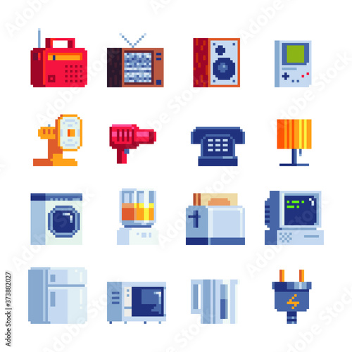 Technology Appliances pixel art icons set. Home interior.  8-bit sprite. Game assets. Fan, hair dryer, telephone, toaster, refrigerator, kettle and microwave. Isolated vector illustration. 