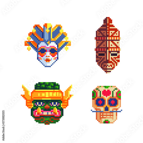 Culture masks. African Ethnic Tribal mask, carnival, ravana giant head . Ritual symbols. Pixel art icons set. Game assets 8-bit sprite. Isolated vector illustration.