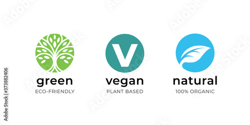 Vegan food label icon set. Green eco-friendly plant based product symbol. Natural organic bio wellness sign. Vector illustration.
