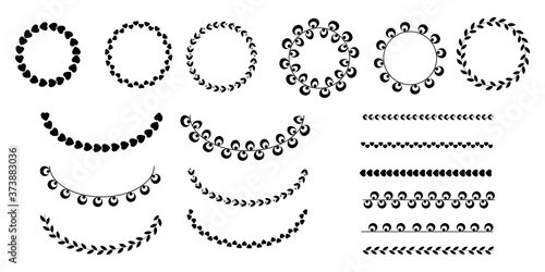 Floral linear leafy border. Vector ornament. Wreaths are black and white. Lines of flowers.