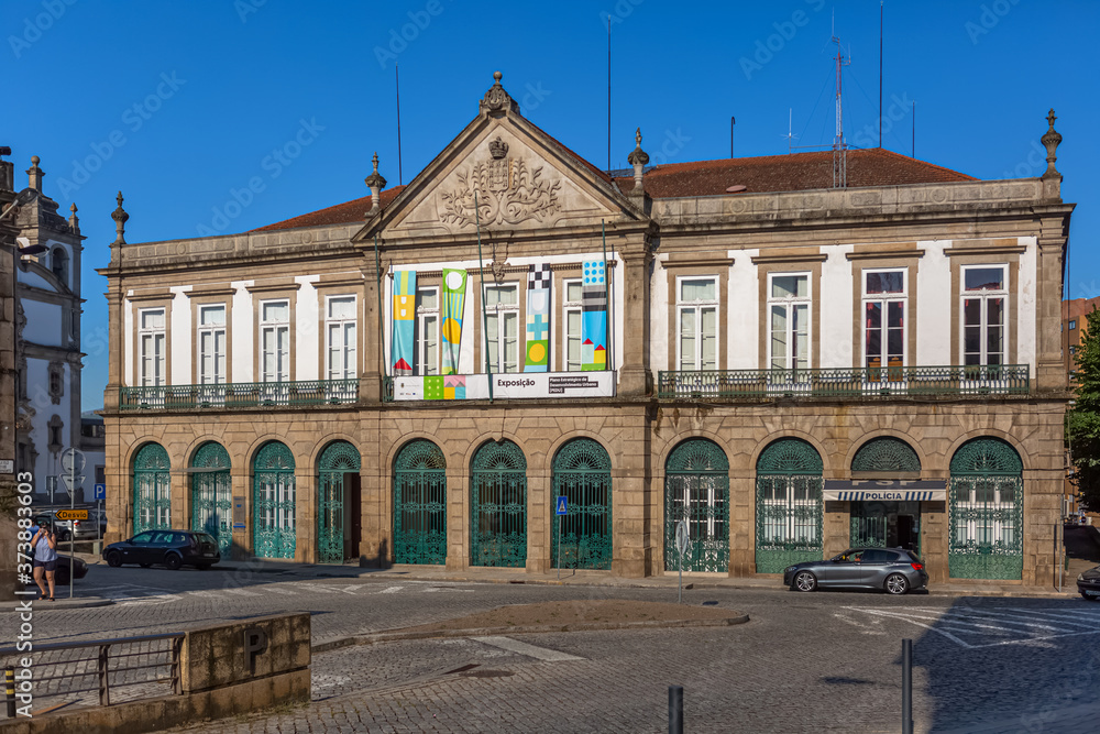 View of a central avenue with classic buildings on Vila Real city downtown, Portugal
