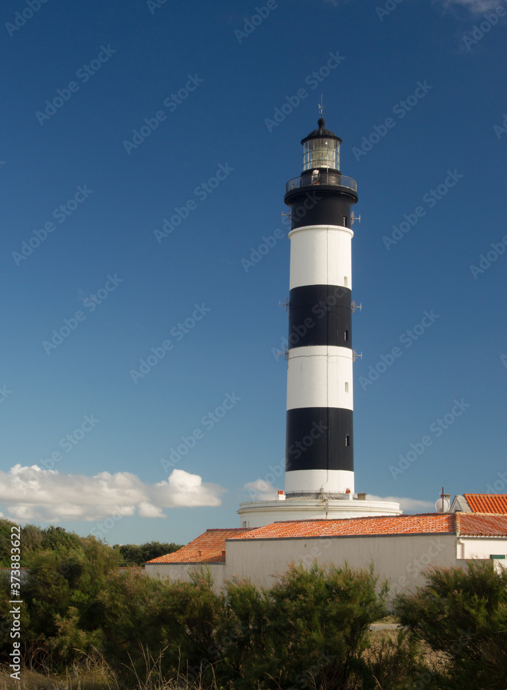 Lighthouse with blue sky and summer clouds and terracotta roof top in chassiron, Oleron Island, France