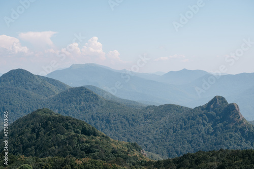 Panoramic view of the two-headed rocky mountain. Mountains and landscapes of the Caucasus nature reserve in Russia. © Ekaterina