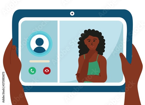 African black woman is on the tablet device screen, incoming call for conference. girl with curly hair. vector illustration design. Human hand hold device and connect online communication. 