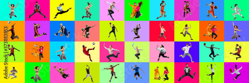 Collage of portraits of 23 young jumping people on multicolored background in motion and action. Concept of human emotions  facial expression  sales. Smiling  cheerful  happy. Basketball  ballet