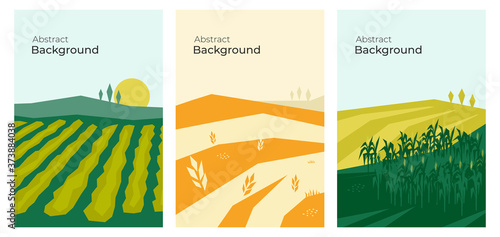 Vector illustrations with farm land, agricultural fields, hills and landscape. Summer and autumn nature. Banners with agriculture or farming. Set of abstract backgrounds. Flyer, poster, brochure cover