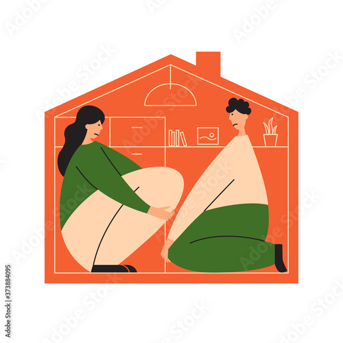 Sad people sit in cramped apartment. Small family living space home. Frustrated man and woman in tiny house. Upset couple in limited room. Big house dream. Mortgage or loan demand vector illustration