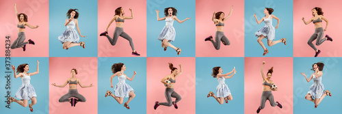 Collage of portraits of young jumping woman on multicolored background in motion and action. Concept of human emotions, facial expression, sales. Smiling, cheerful, happy. Using devices, gadgets.