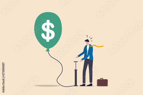Investment bubble causing financial crisis, overvalued stock market or money inflation concept, businessman investor pumping air into big floating balloon with US Dollar money sign ready to burst.