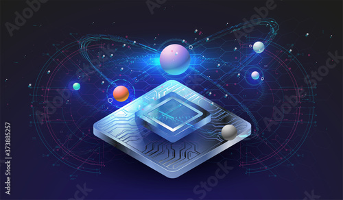 Microchip processor with lights effects. cybernetic system, futuristic computing technology. Analysis and scanning of the chip. CPU - big database, processing, rapid analysing. Hud interface.
