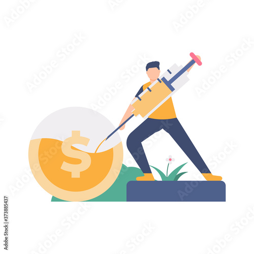 the concept of financial strengthening, injection of funds, investment or capital. illustration of a man injecting coins. flat design. can be used for elements, landing pages, UI, websites.
