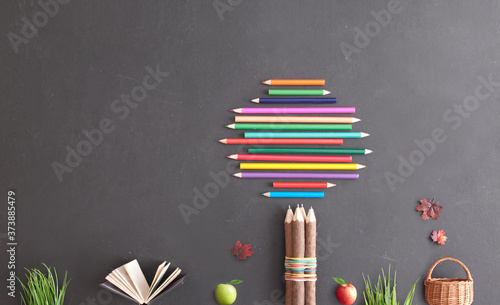 Colourful pencil tree, back to school background