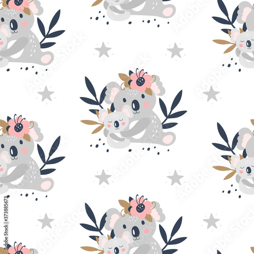 Seamless pattern with cute koala on a white background. Vector