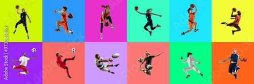 Collage of portraits of 10 young jumping people on multicolored background in motion and action. Concept of human emotions, facial expression, sales. Smiling, cheerful, happy. Basketball, ballet