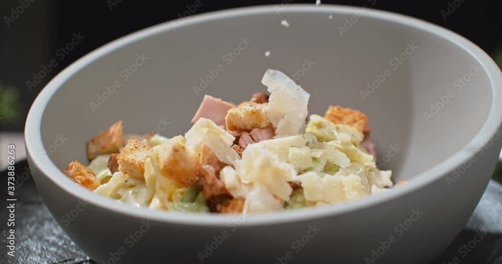 Making Salad Ingredients Being Dropped Added Slow Motion Close Up Making Salad Ingredients Being Dropped Added Slow Motion Close Up