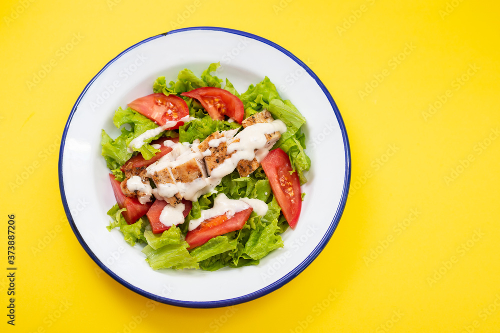 fresh salad with grilled chicken and sauce on the plate fresh salad with grilled chicken and sauce on the plate