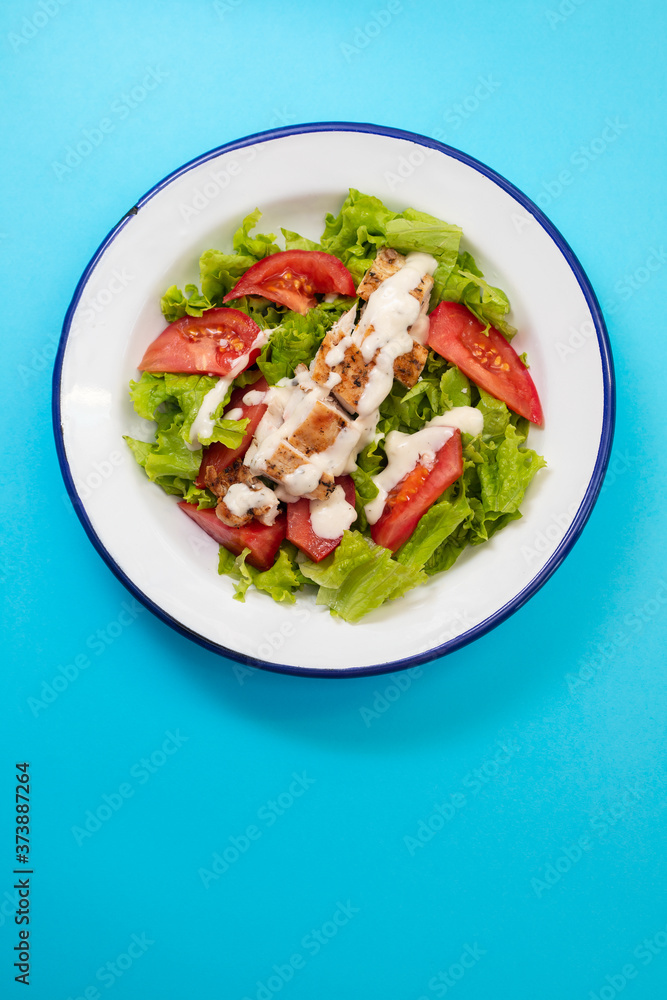 fresh salad with grilled chicken and sauce on the plate fresh salad with grilled chicken and sauce on the plate