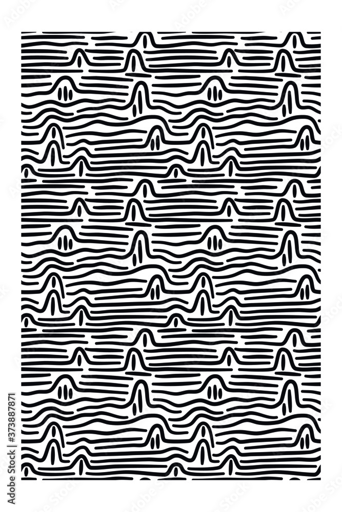 Abstract seamless pattern with black ink waves and mountains. 