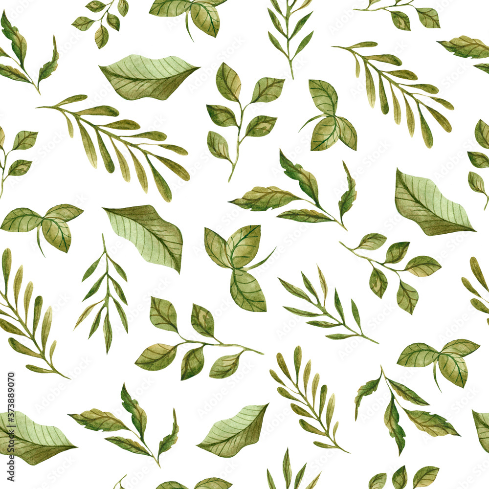 Watercolor seamless pattern with branches and leaves. Watercolor design for dresses, clothing, Wallpaper, fabrics, children's room. Seamless pattern with herbs and leaves.